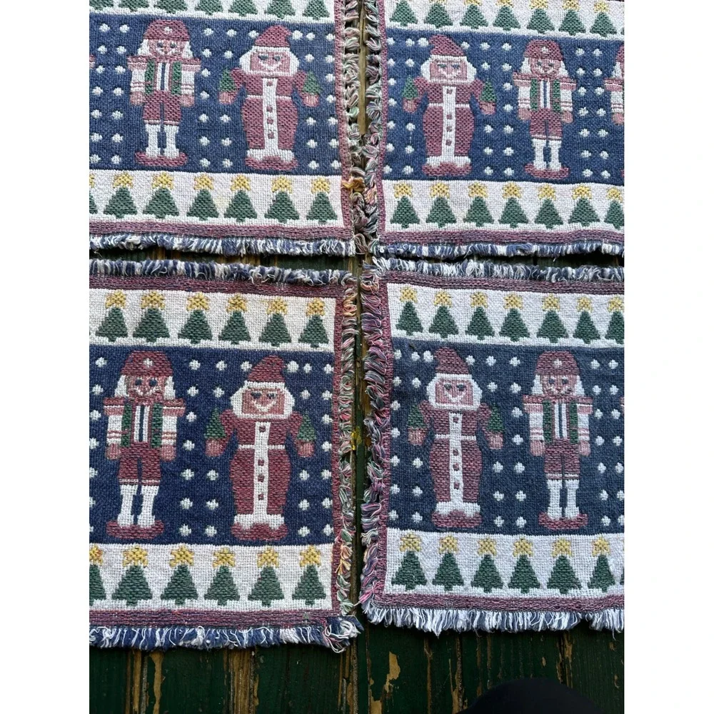 Vintage Nutcracker Christmas Woven Tapestry Placemats Set of 6 Fringed Navy Red